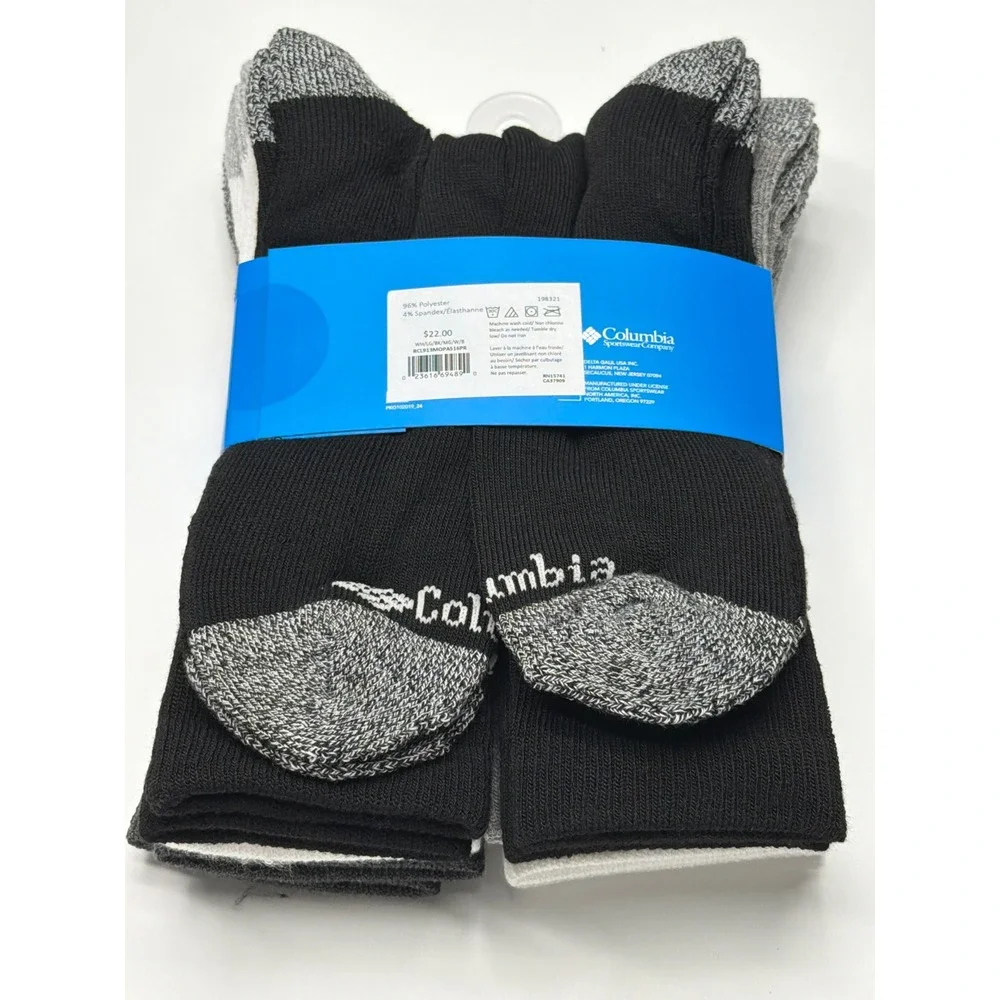 Columbia Men Athletic Crew Socks 6 Pairs Shoe Size 6-12 Black White Grey NWT‎
